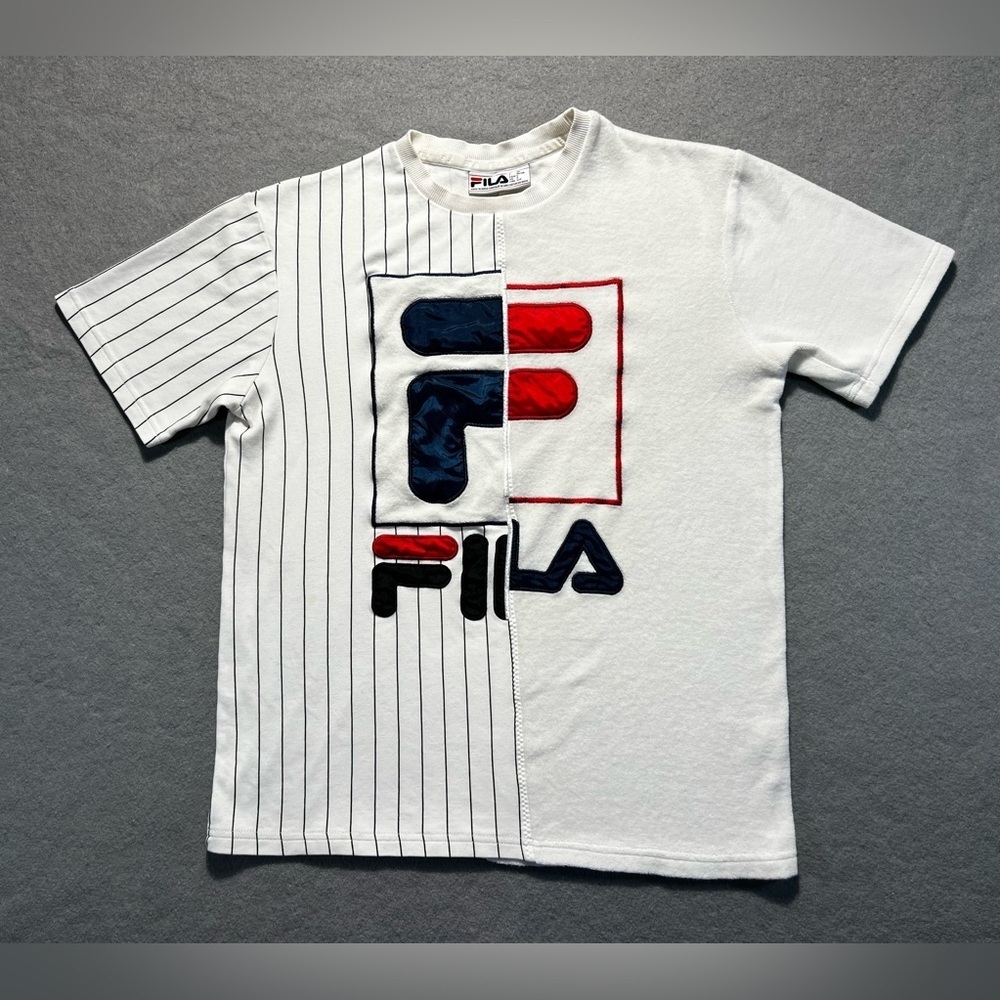 FILA White Split Logo Pinstripe T-Shirt Small Special Edition